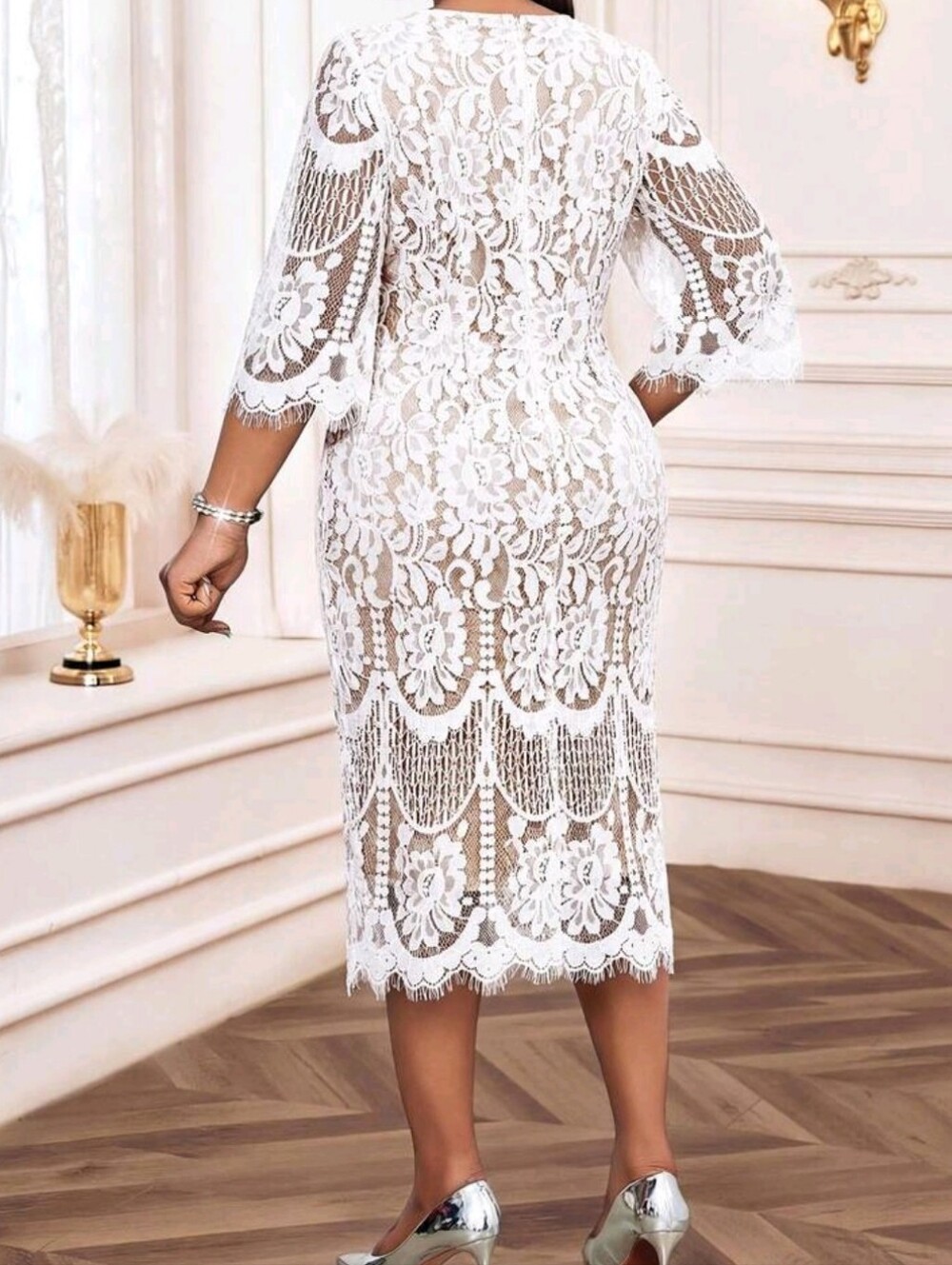 White Lace Midi Dress with Scalloped Hem PLUS SIZE - Picture 2 of 5